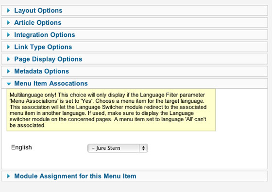 Setting the association in the menu item settings.